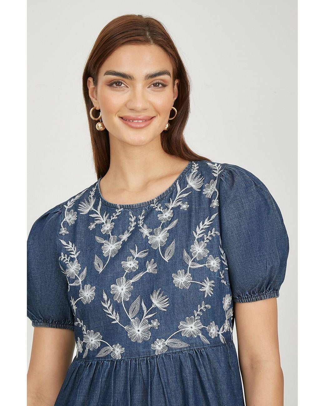 Yumi' Blue Chambray Denim Midi Dress With Embroidery & Puff Sleeves