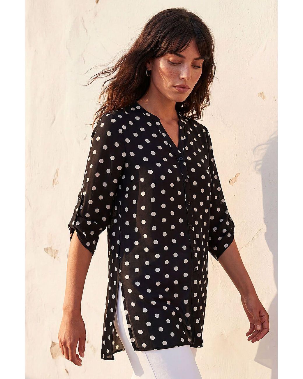 Roman Black Spot Print Longline Buttoned Blouse
