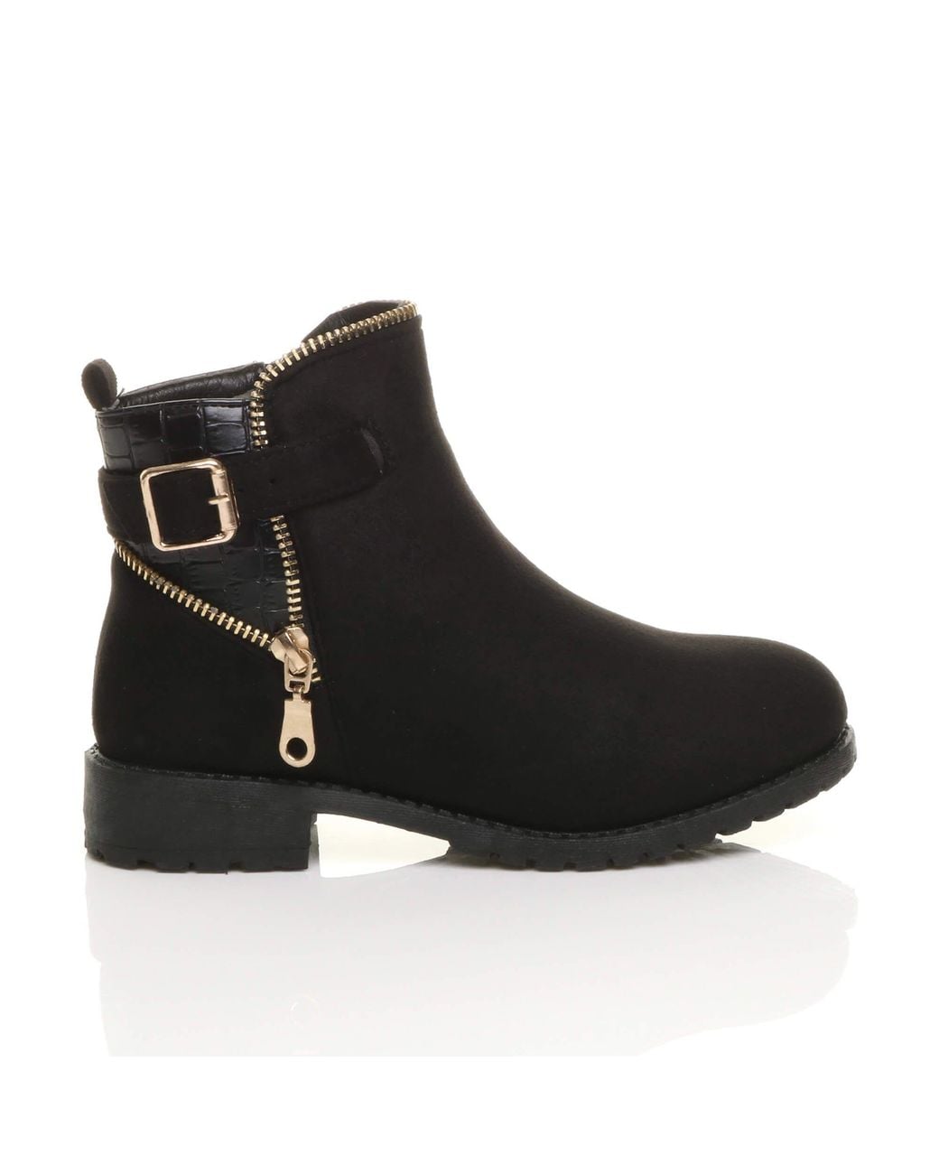 AJVANI Black Flat Heel Zip Biker Faux Suede Ankle Boots