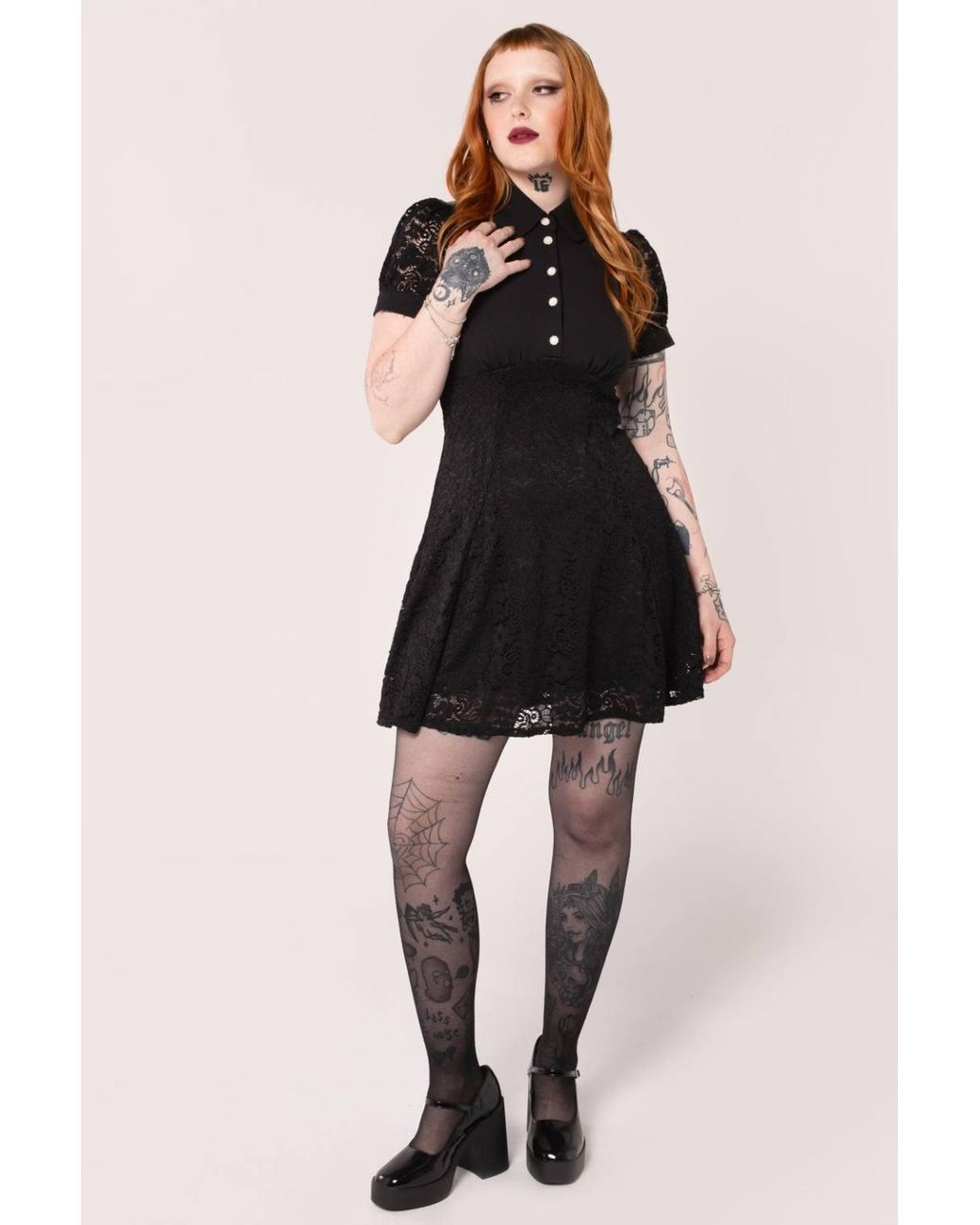 Hell Bunny Black Dominica Lace Puff Sleeve Mini Dress With Pearl Button Detail
