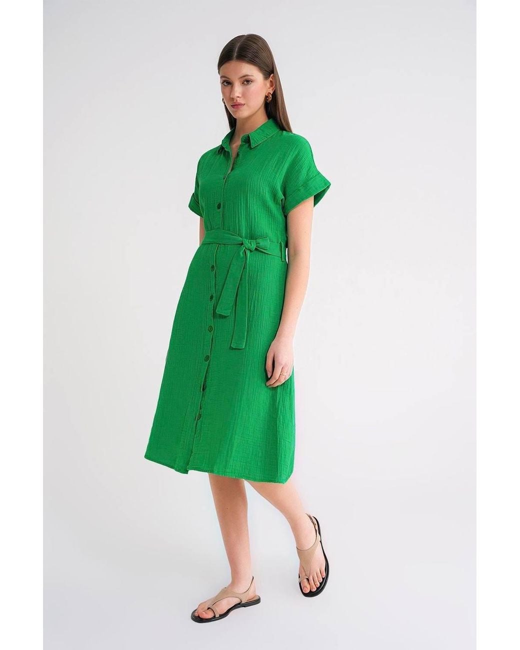 MixRay Green Relaxed Fit Midi Dress With Shirt Collar & Buttons