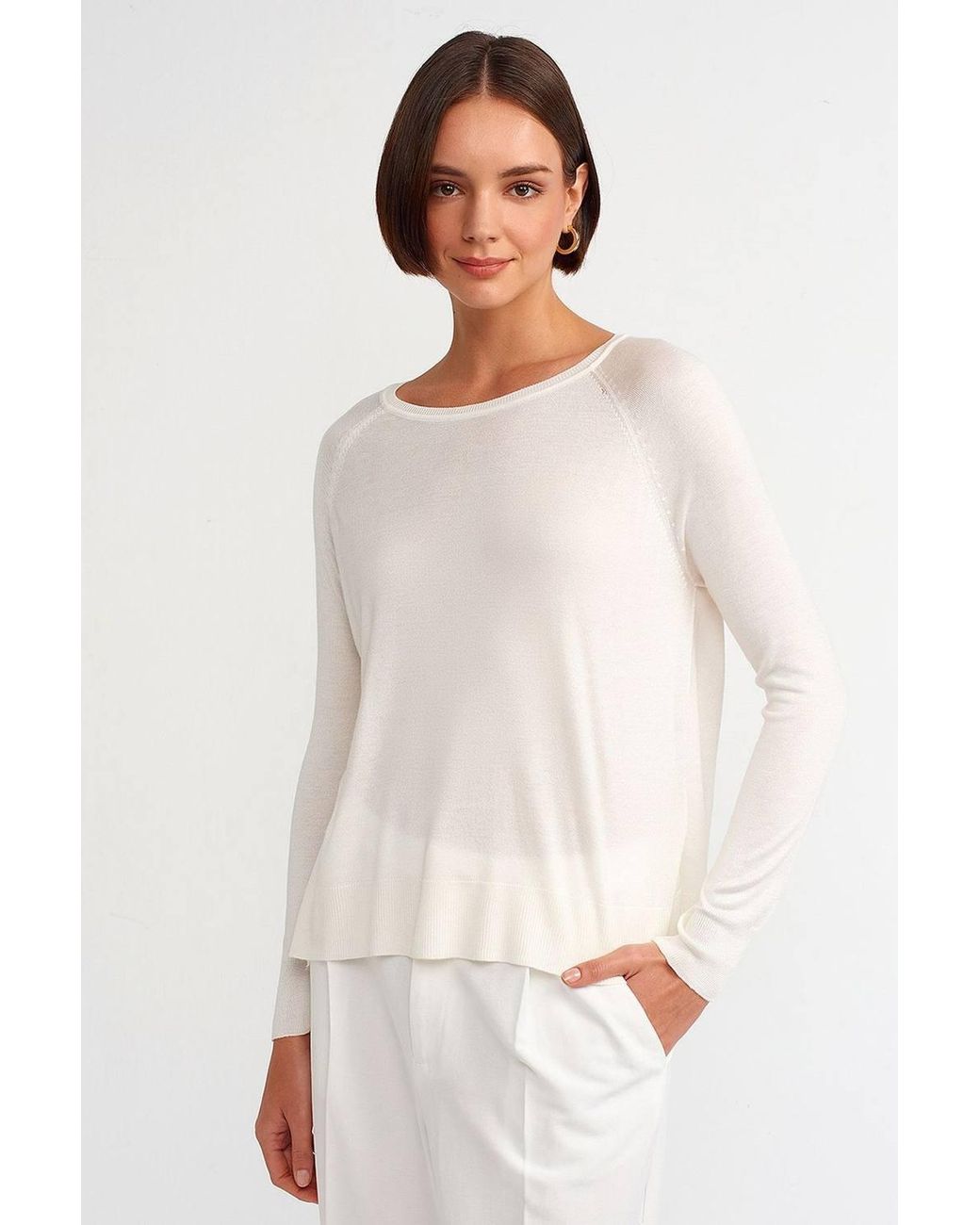 Dilvin White Ribbed Crew Neck Sweater