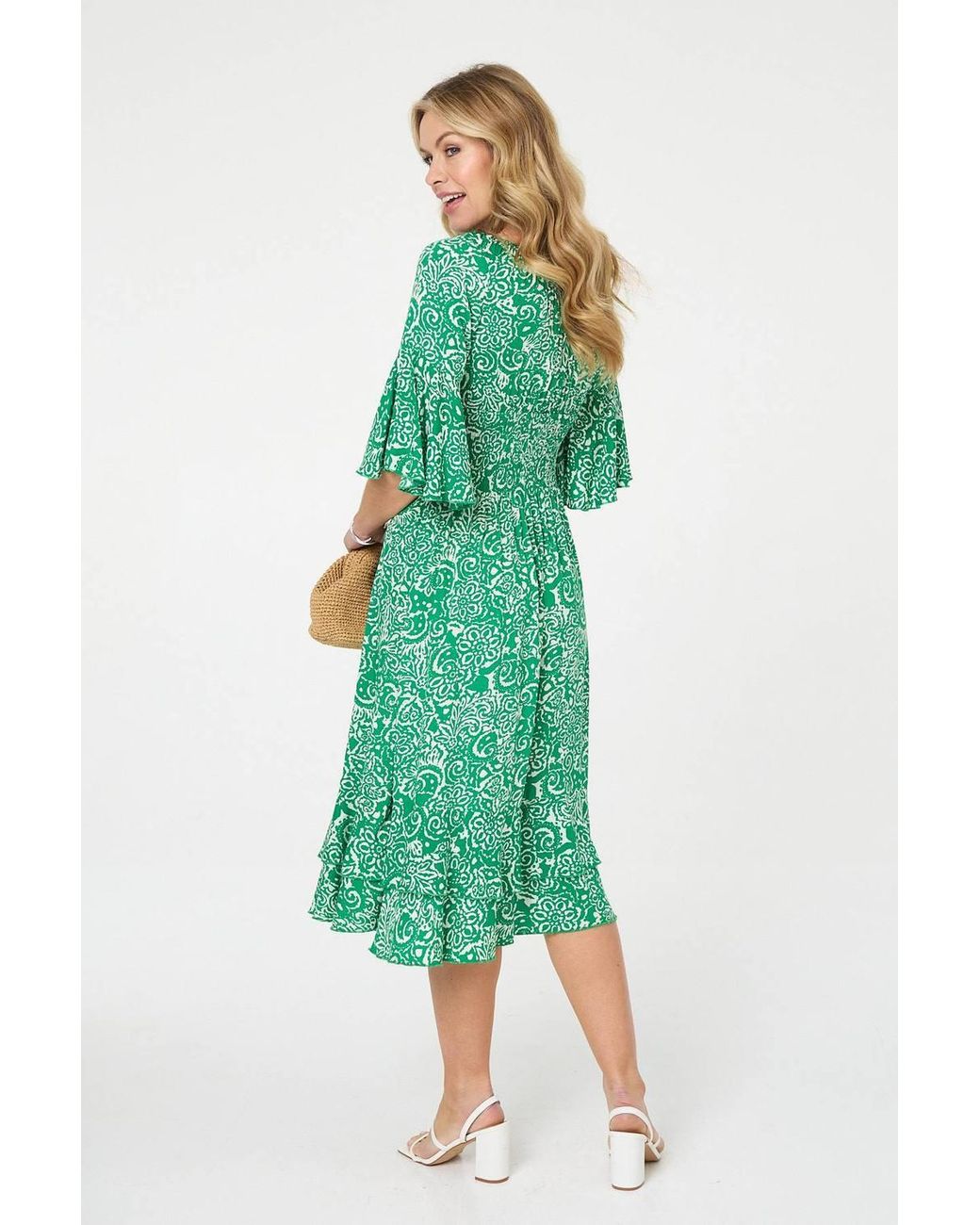 Izabel London Green Printed 3/4 Sleeve Layered Midi Dress