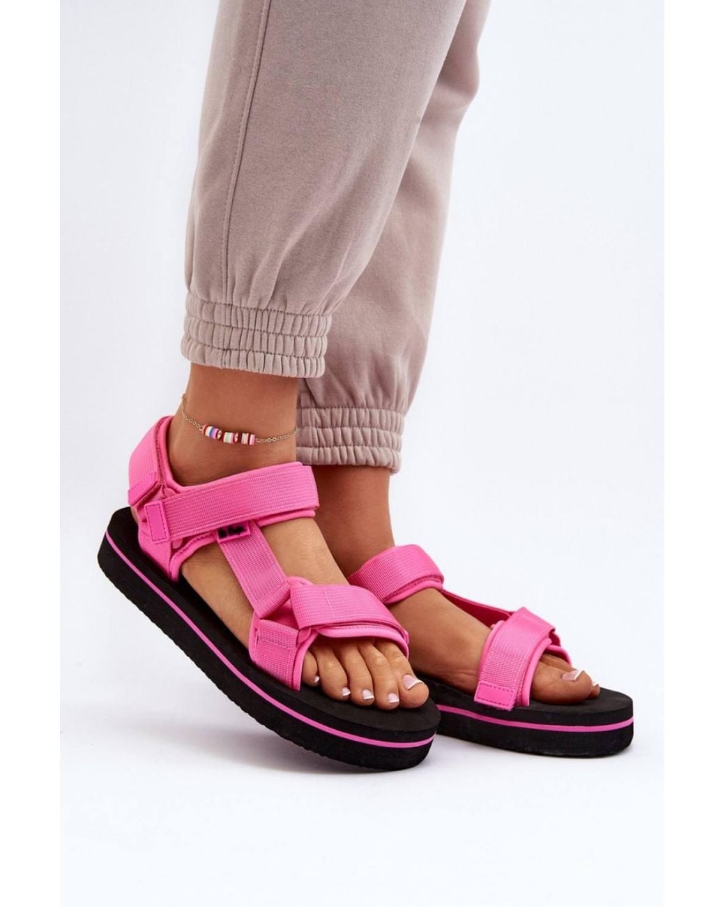 Love Lace Pink Sporty Textile Velcro Strap Foam Platform Sandals Summer