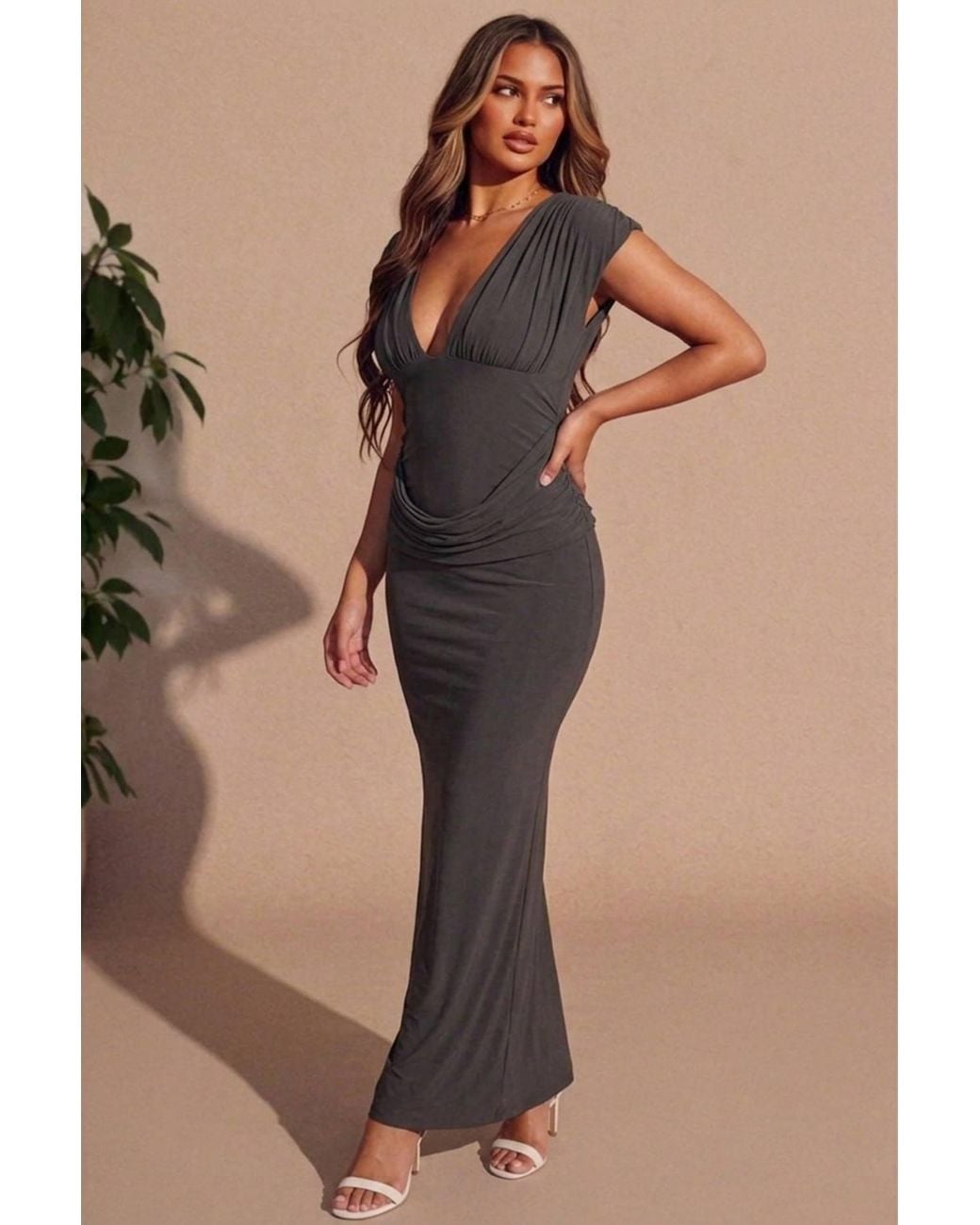 Femme Luxe Natural Slinky Plunge Shoulder Drape Waist Double Layer Maxi Dress