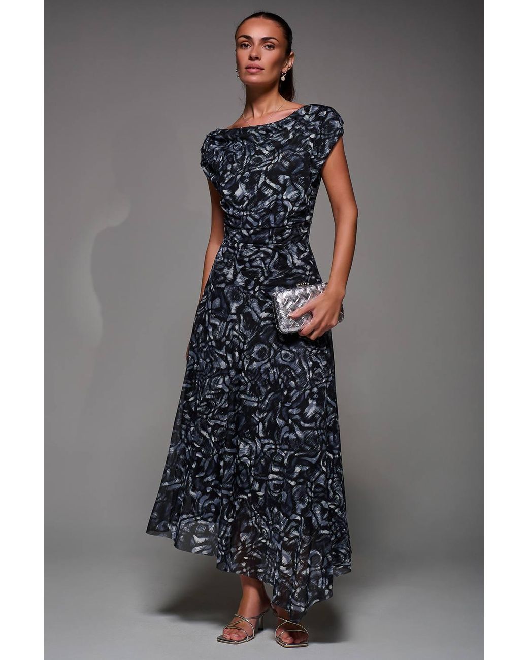 Jolie Moi Blue Mesh Asymmetrical Draped Maxi Dress