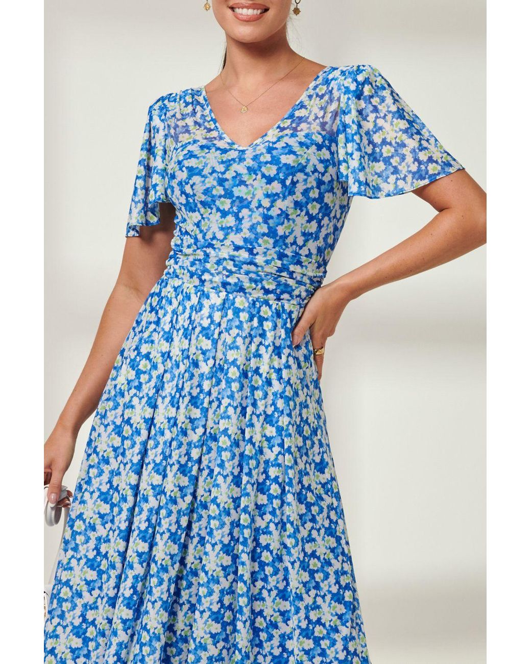 Jolie Moi Blue Bianca V-Neck Pleated Mesh Maxi Dress