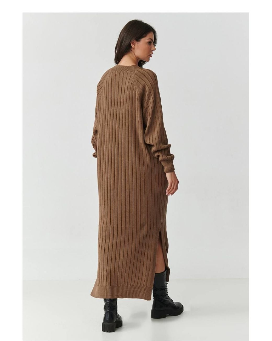 Love Lace Brown Knitted V-Neck Long Sleeve Jumper Dress