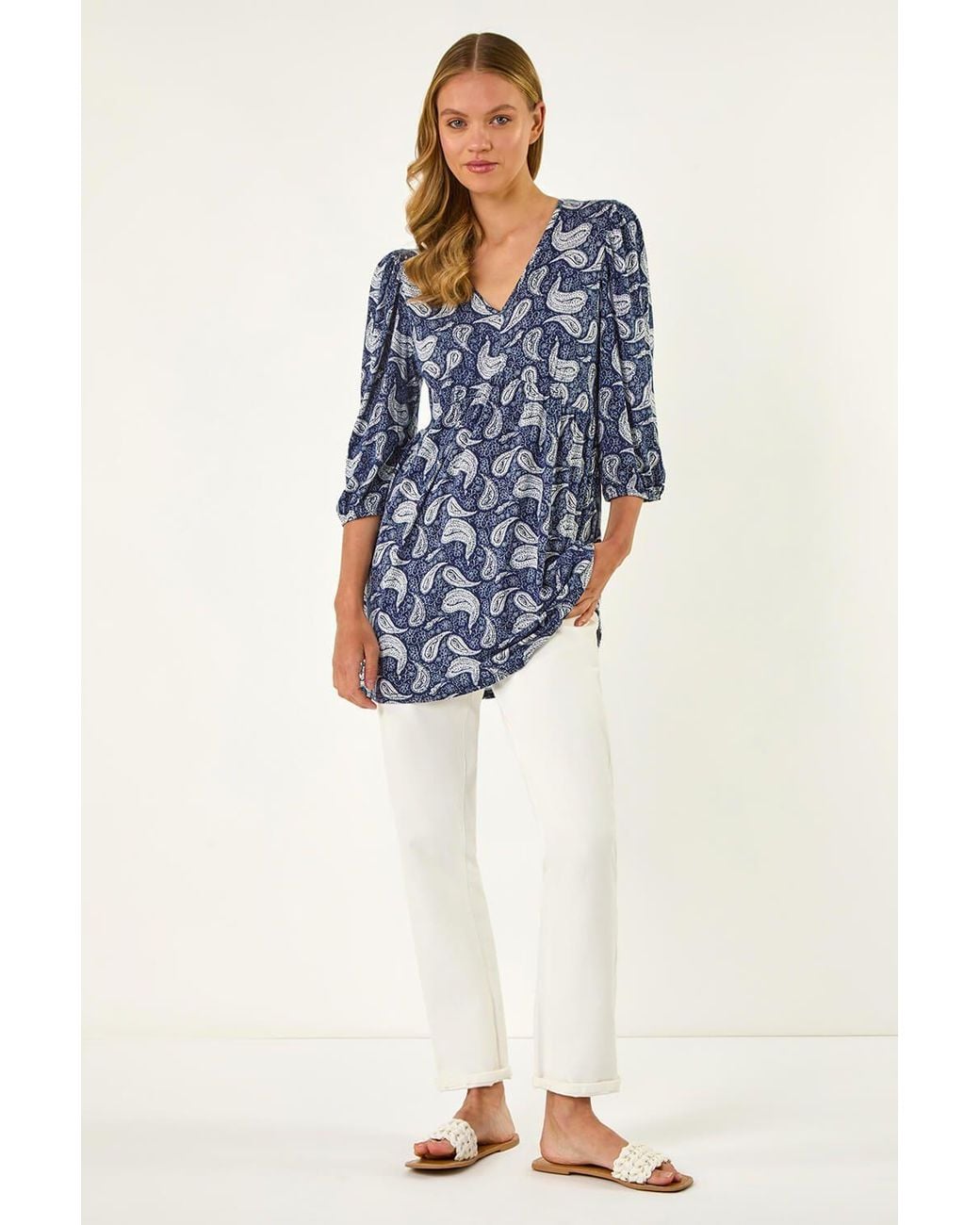 Roman Blue Paisley Print V-Neck Stretch Top