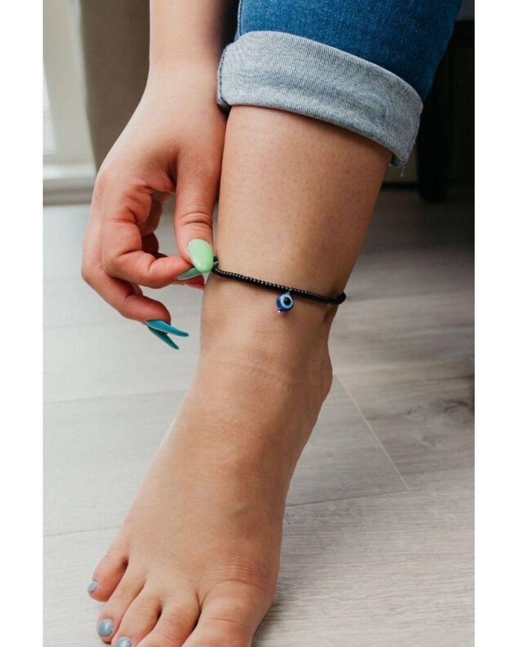 The Colourful Aura Black Adjustable Threaded Bead Evil Eye Indian Nazaria Anklet