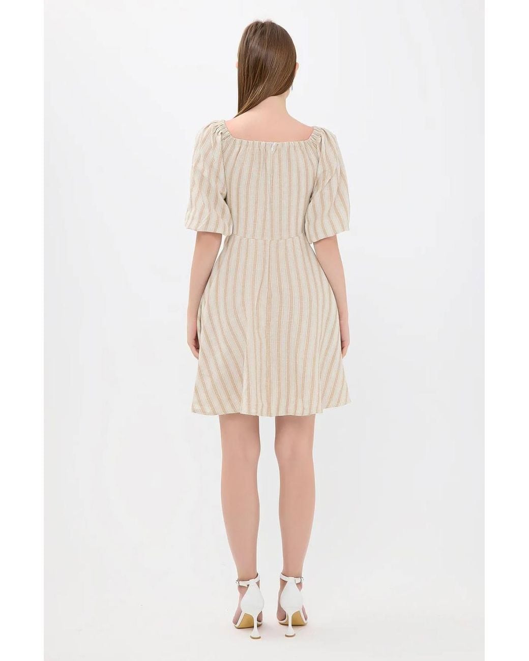 Hiccup Natural Striped Off-Shoulder Balloon Sleeves Mini Dress
