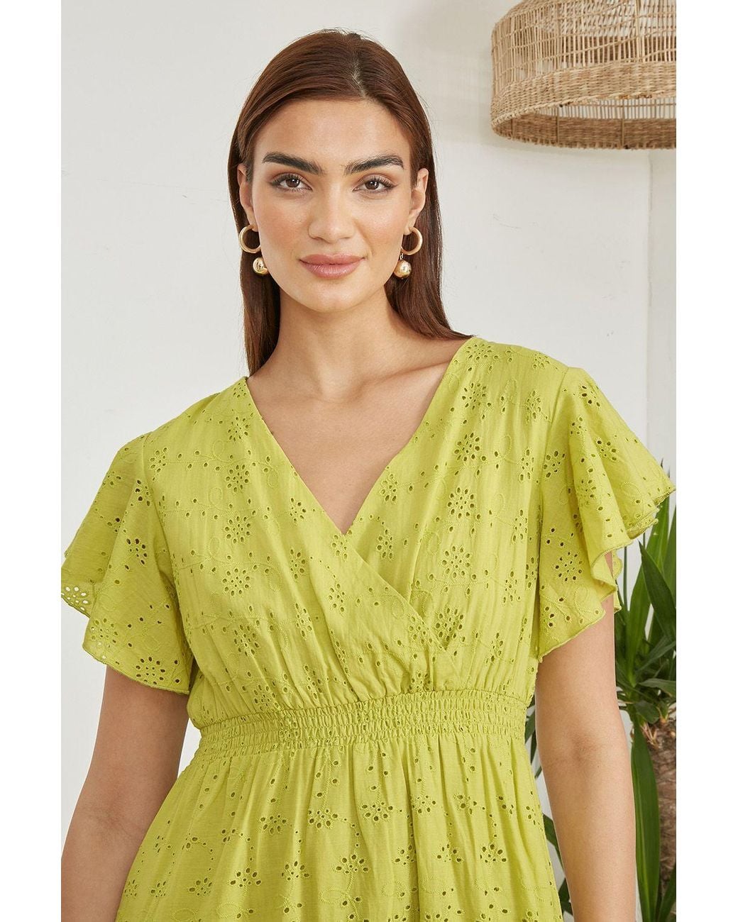 Yumi' Yellow Lime Cotton Broderie Anglaise Wrap Midi Dress