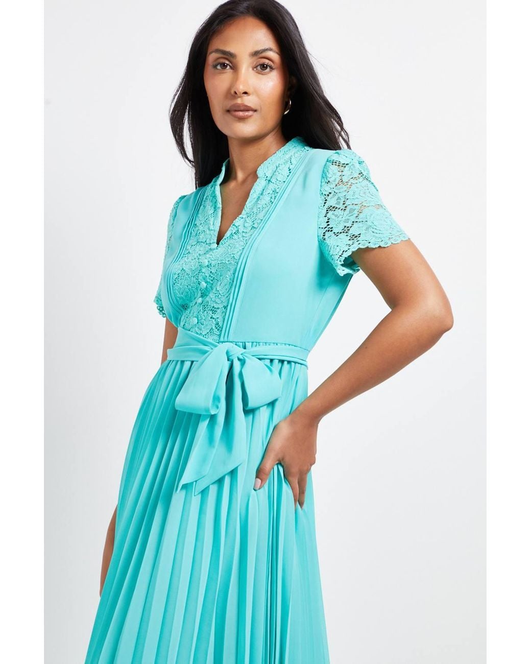 Wallis Blue Petite Lace Collarless Pleated Midi Dress