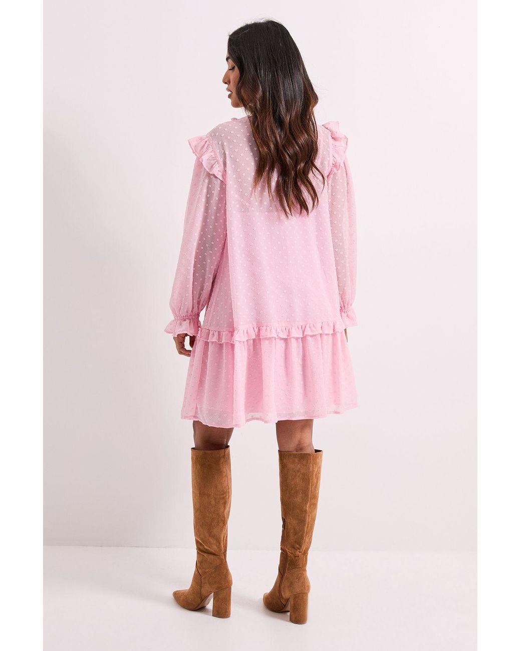 Dorothy Perkins Pink Petite Tiered Hem Tie Neck Shift Dress