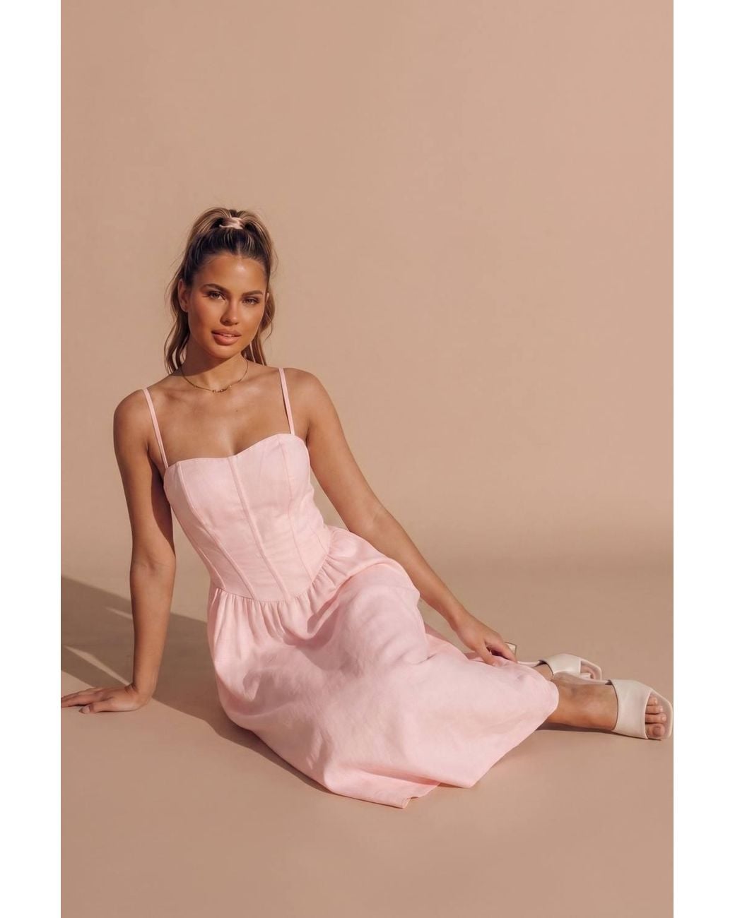 Femme Luxe Natural Corset Detail Strappy Midaxi Dress