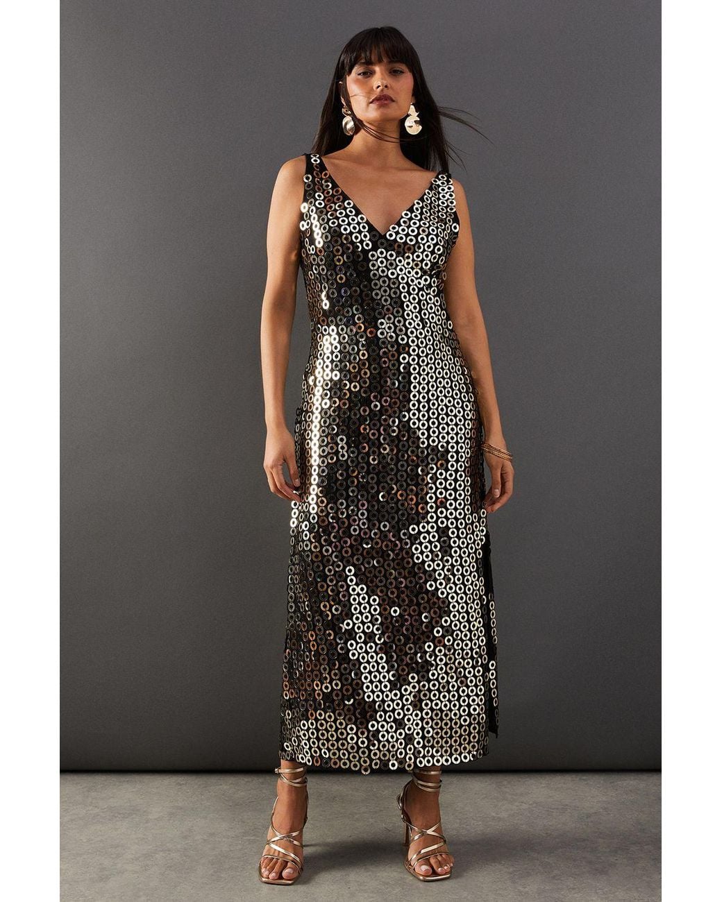 Warehouse Black Hand Embellished Disk Sequin High Apex Midi Dress