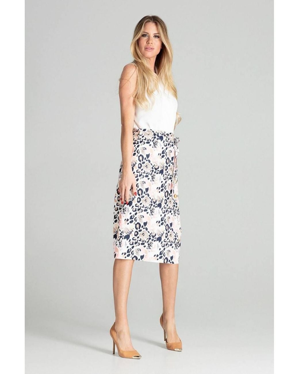 Love Lace White Leopard Skirt Unlined Overlap Buttons Tie Belt