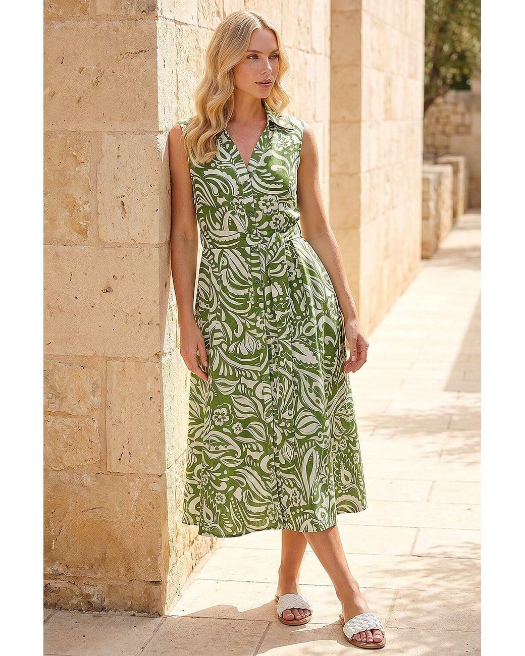 Roman Green Petite Abstract Midi Shirt Dress