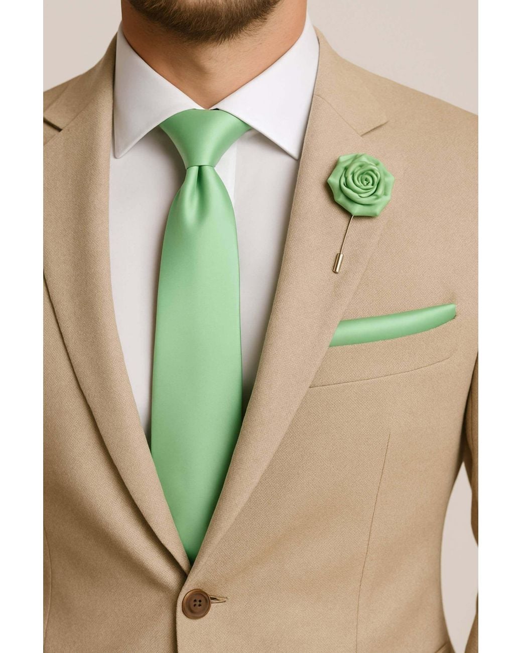 AJVANI Green Formal Wedding Pocket Square + Bowtie + Flower Buttonhole Pin + Tie Set for men