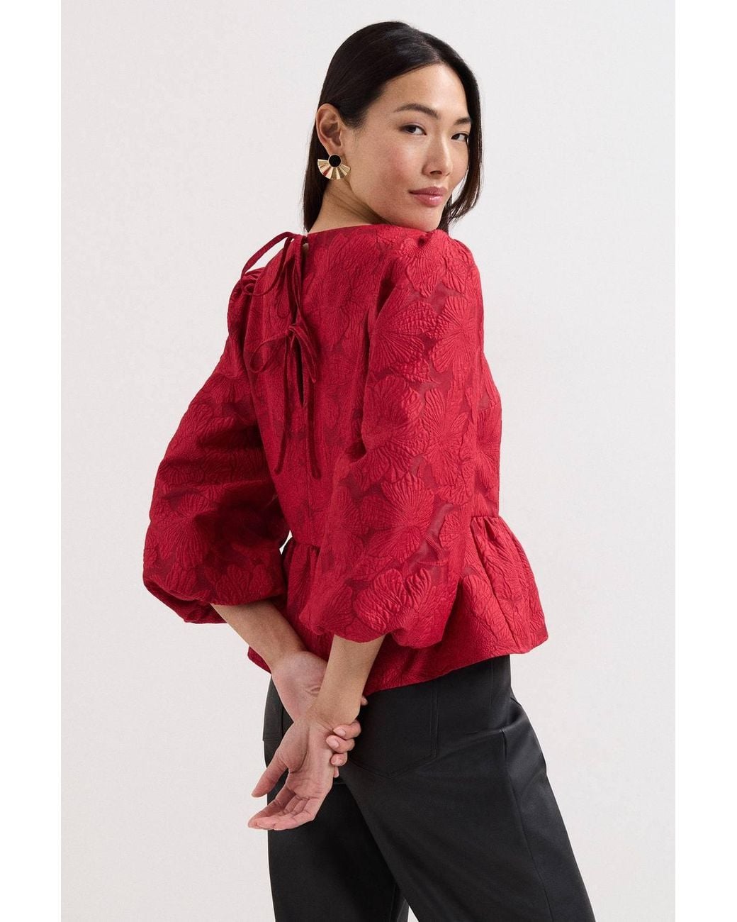 Phase Eight Red Ellis Peplum 3/4 Sleeve Hem Top