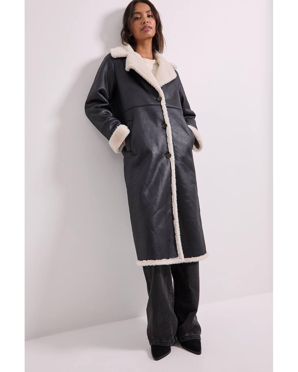 Dorothy Perkins Black Shearling Midi Coat