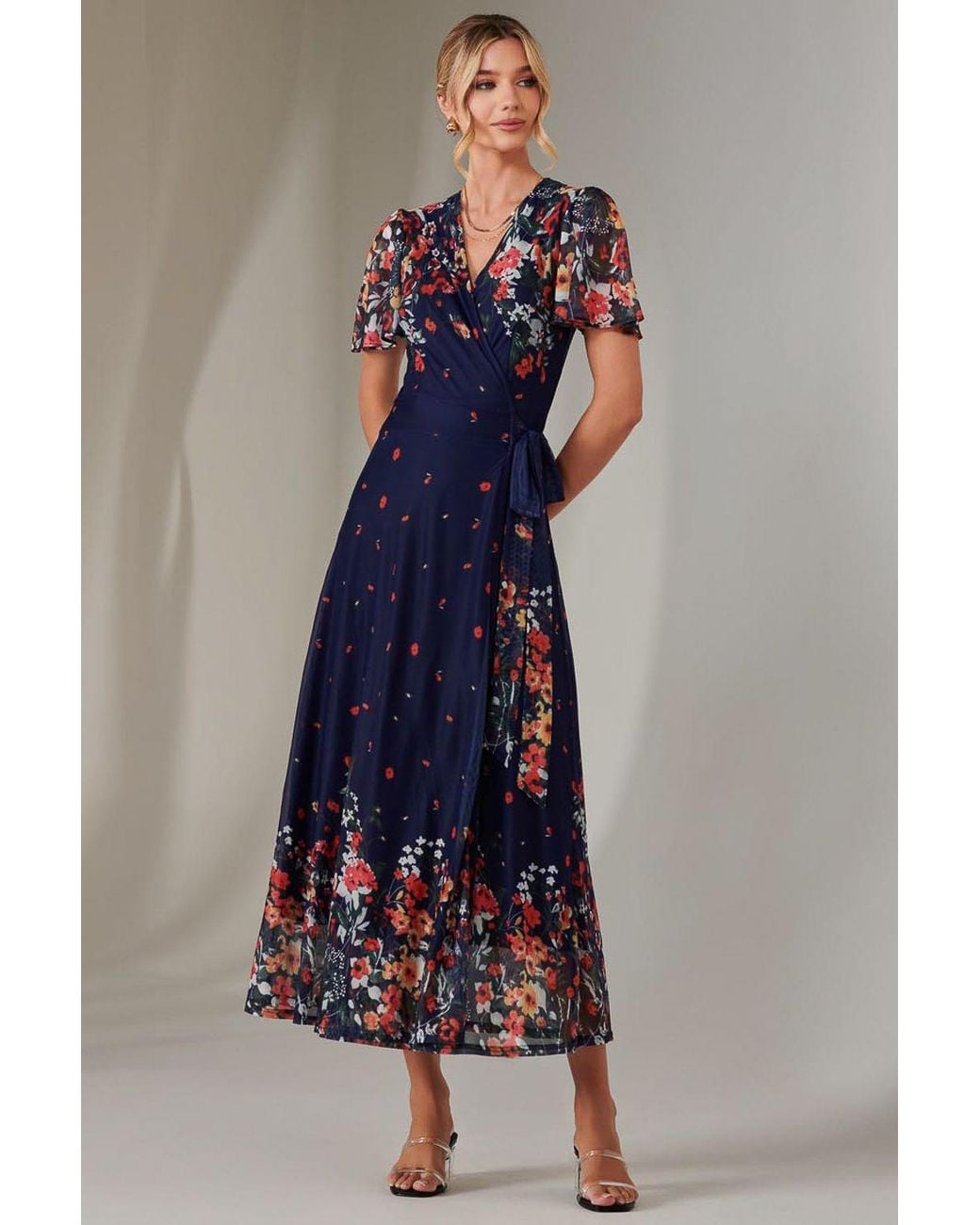 Jolie Moi Blue Mirror Print Mesh Wrap Maxi Dress