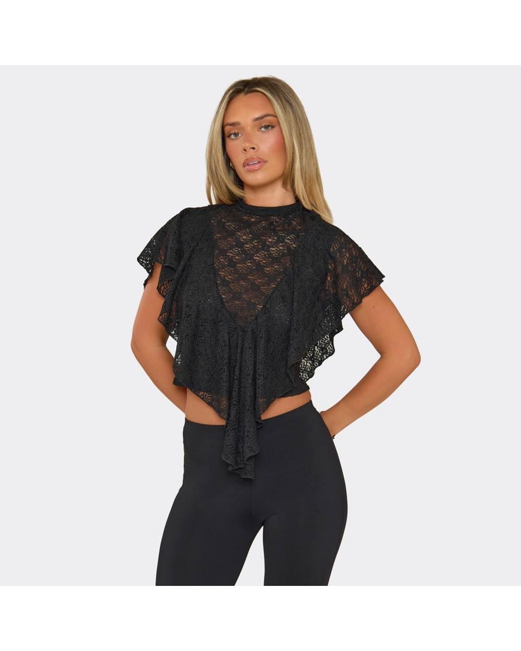 EGO Black Short Sleeve High Neck Frill Trim Top