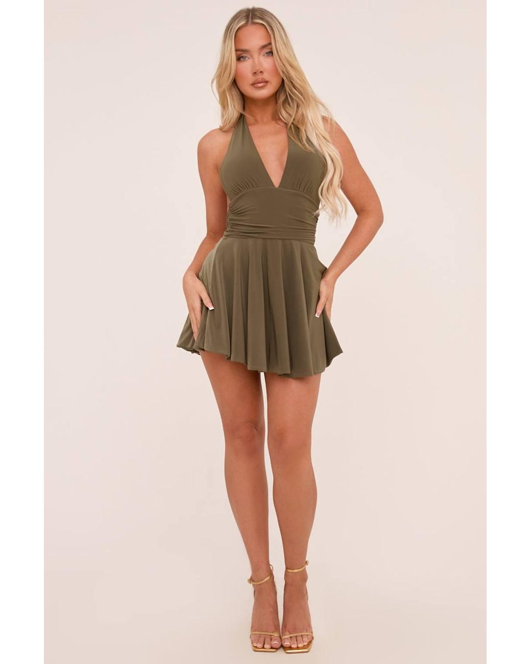 Rebellious Fashion Green Pippa Halter Plunge Neck Mini Dress