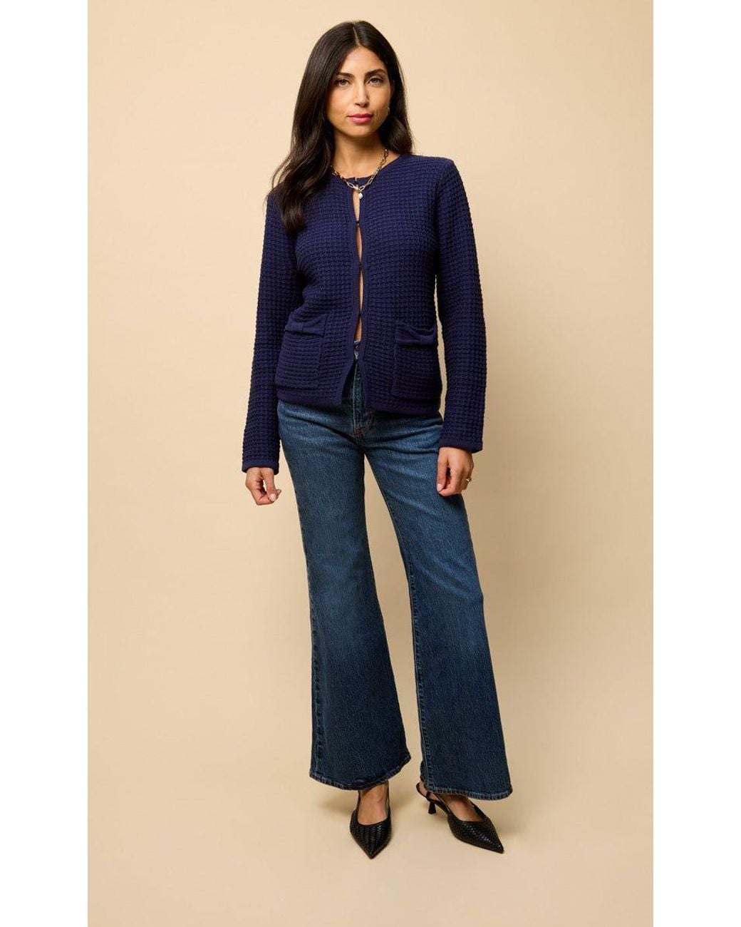 Little Mistress Blue Knitted Bow Pocket Detail Cardigan