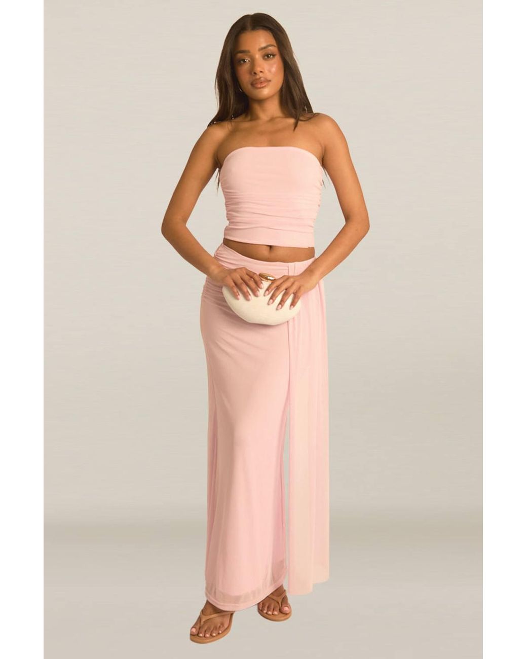 Rebellious Fashion Natural Mesh Bandeau Top & Maxi Skirt Co-Ord Set