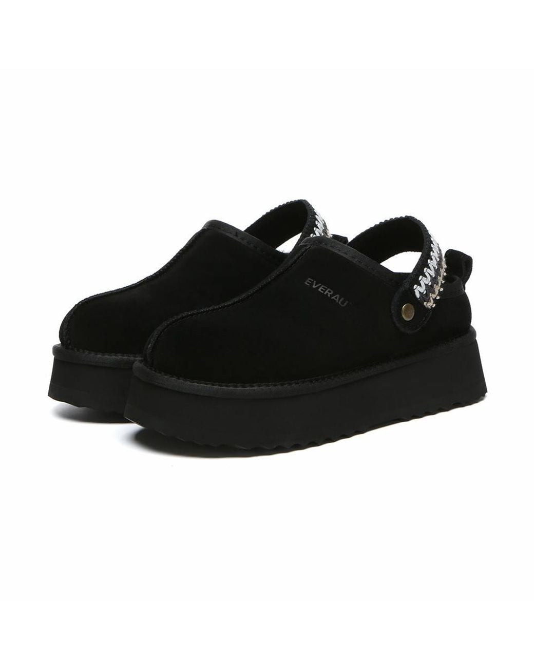 EverAu Australia Black Sheepskin Wool Maeve Platform Slippers With Eva Sole