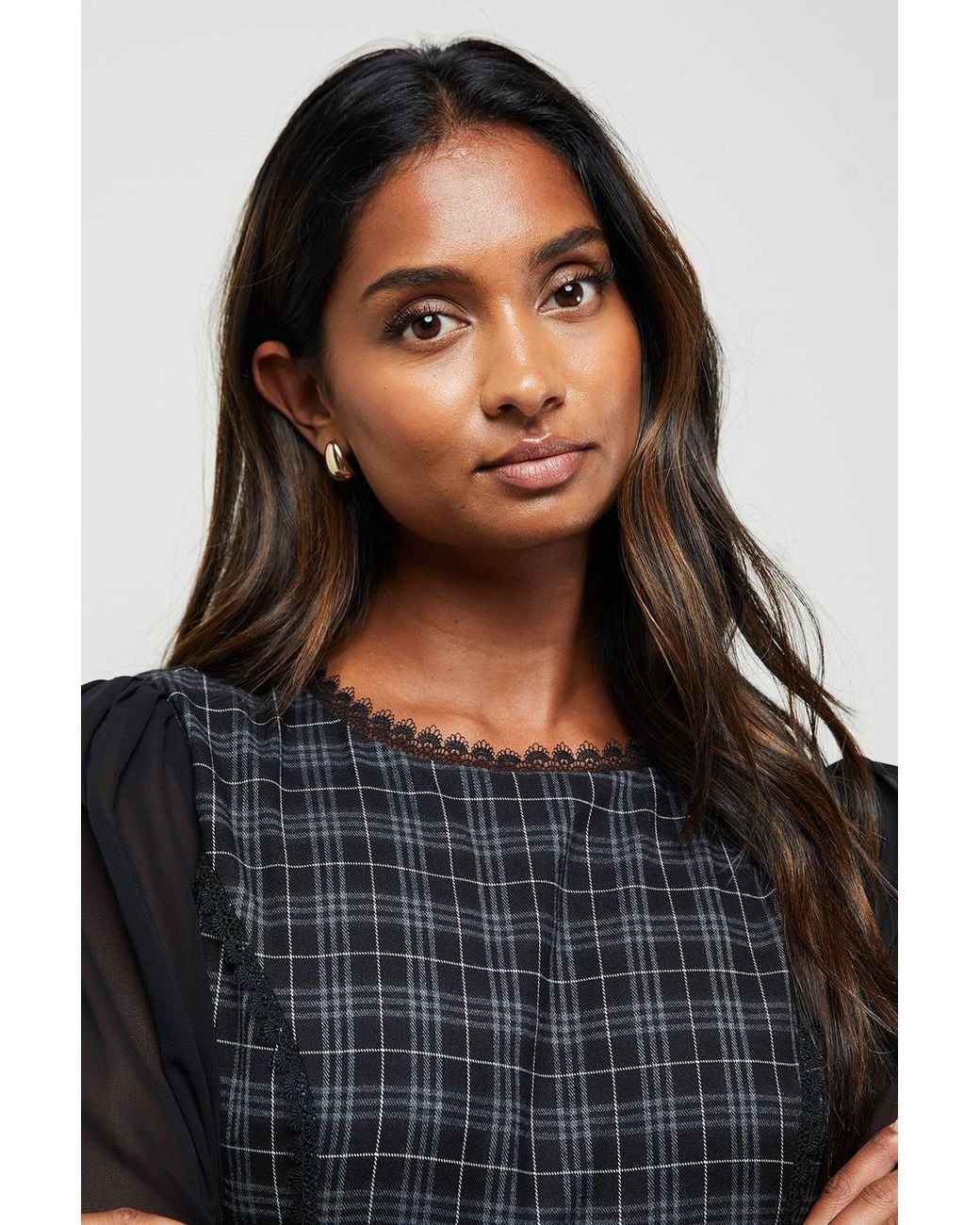 Oasis Blue Checked Belted Balloon Sleeve Flippy Mini Dress