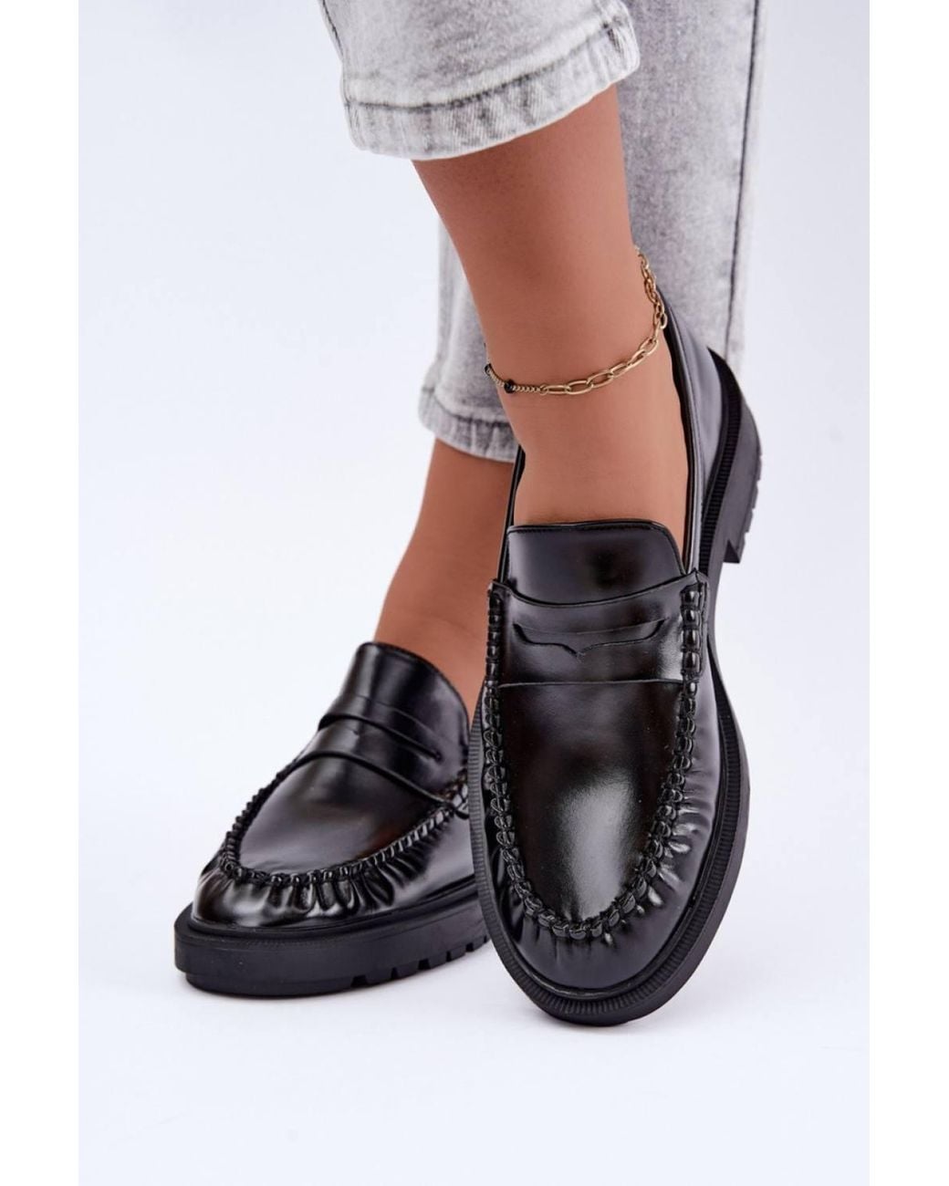 Love Lace Black Office Faux Leather Loafers With Pleats
