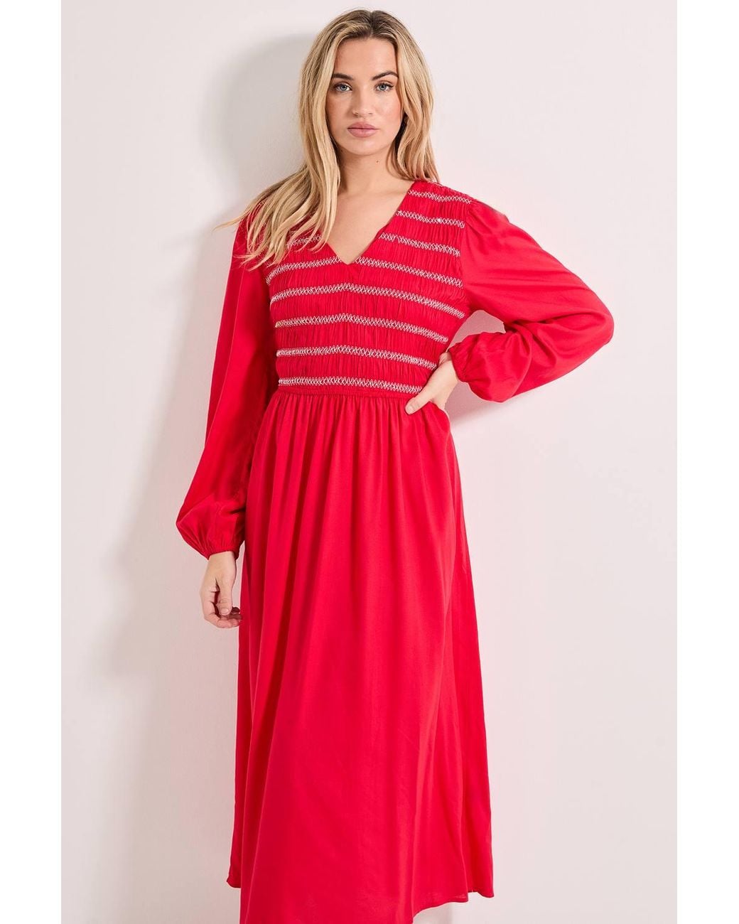 Dorothy Perkins Contrast Stitching Shirred Bodice V Neck Midi Dress