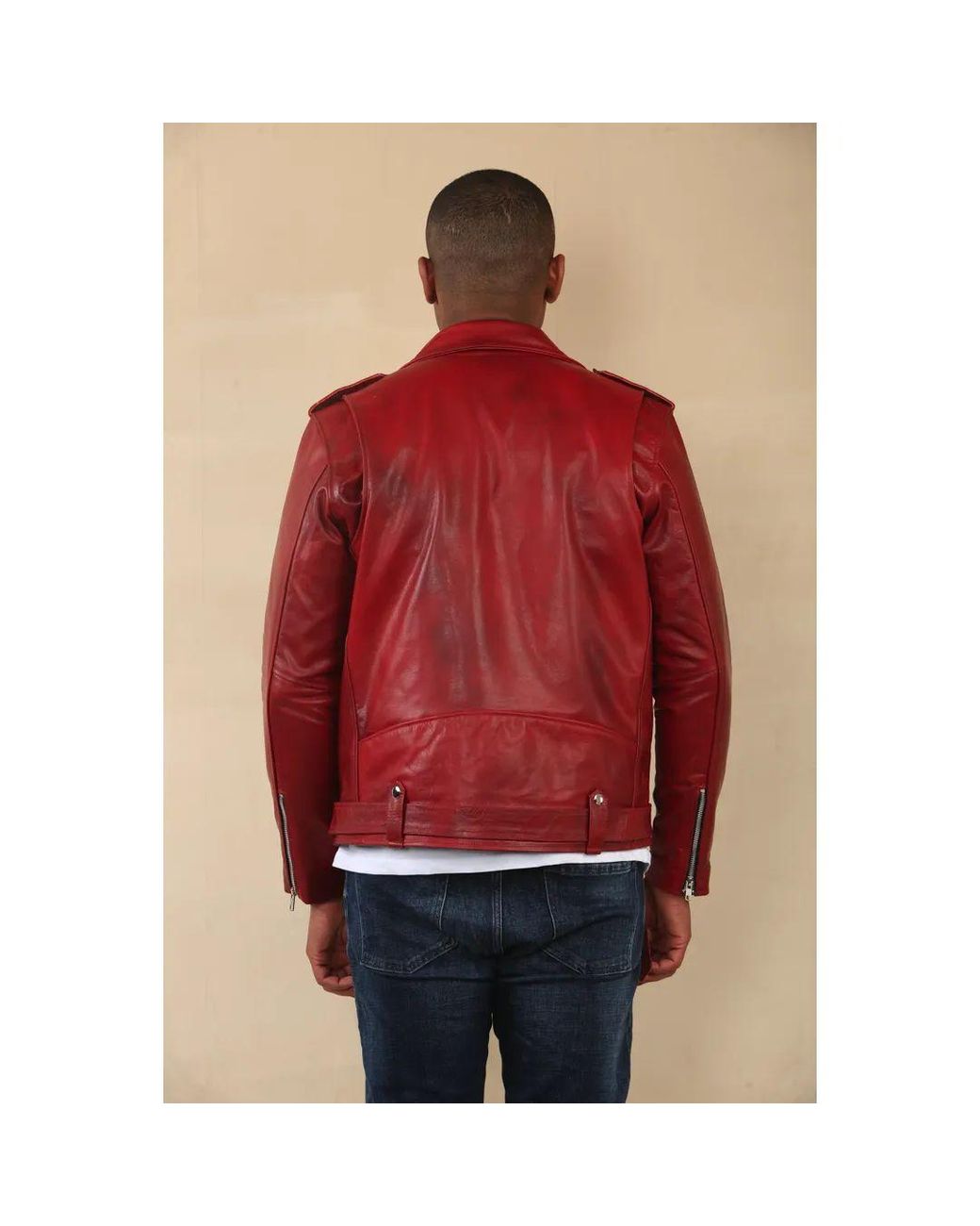 TruClothing Red Cow Hide Biker Brando Cross Zip Leather Jacket for men
