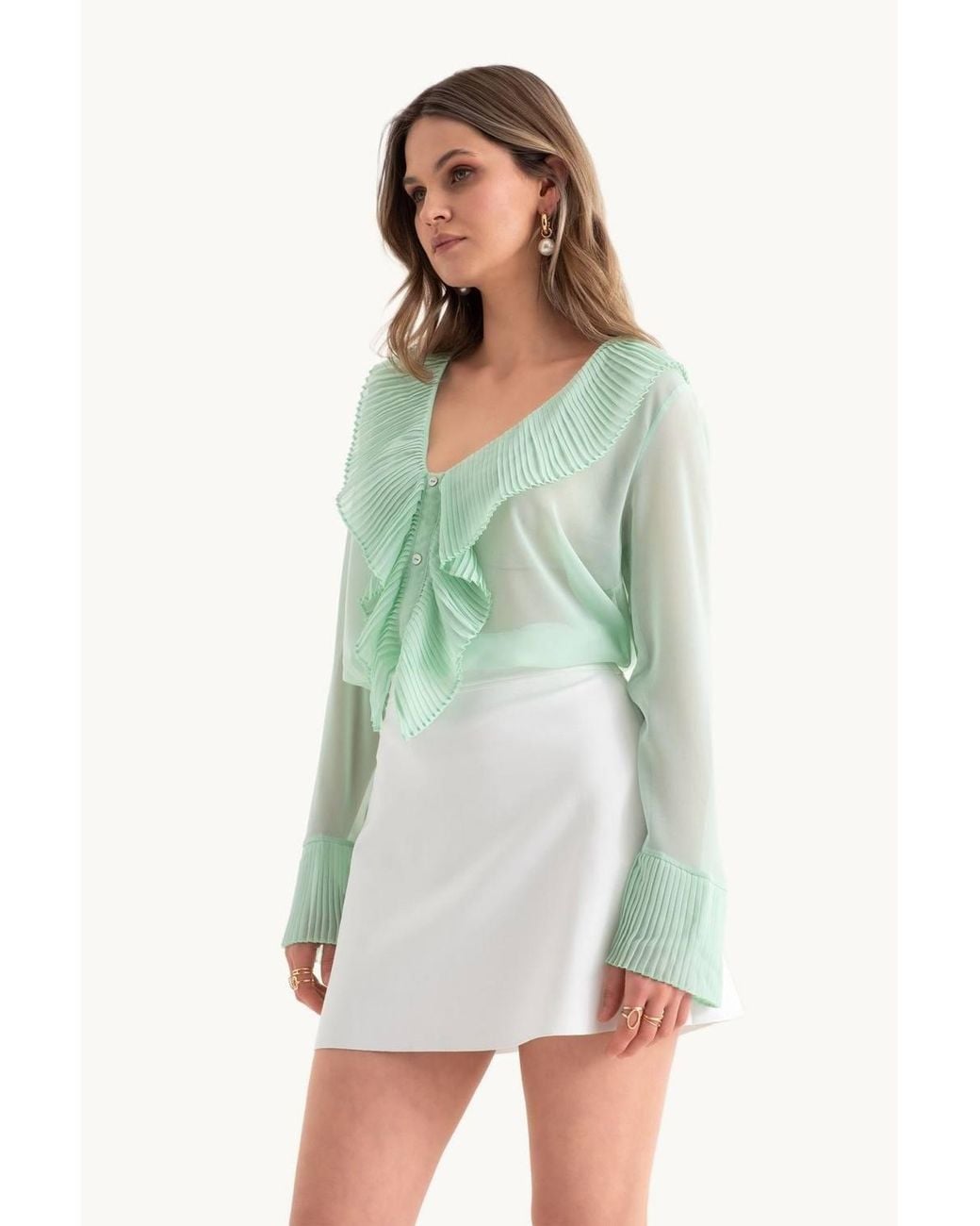 Hiccup Green V Neck Buttoned Bell Sleeves Mesh Blouse