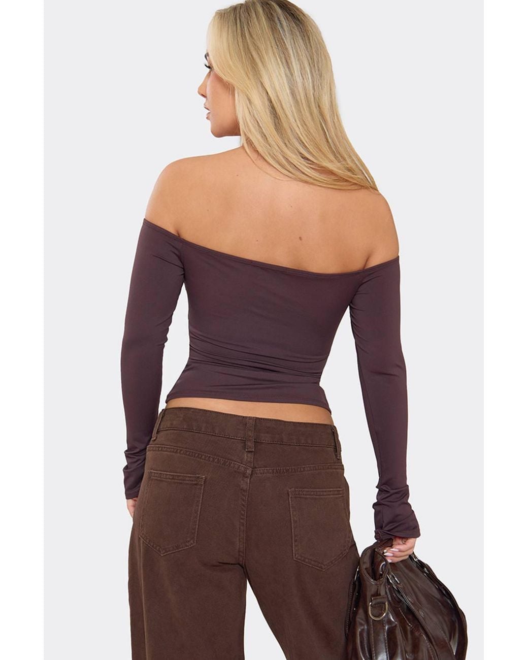 EGO Brown Long Sleeve Button Off-The Shoulder Cut Out Top