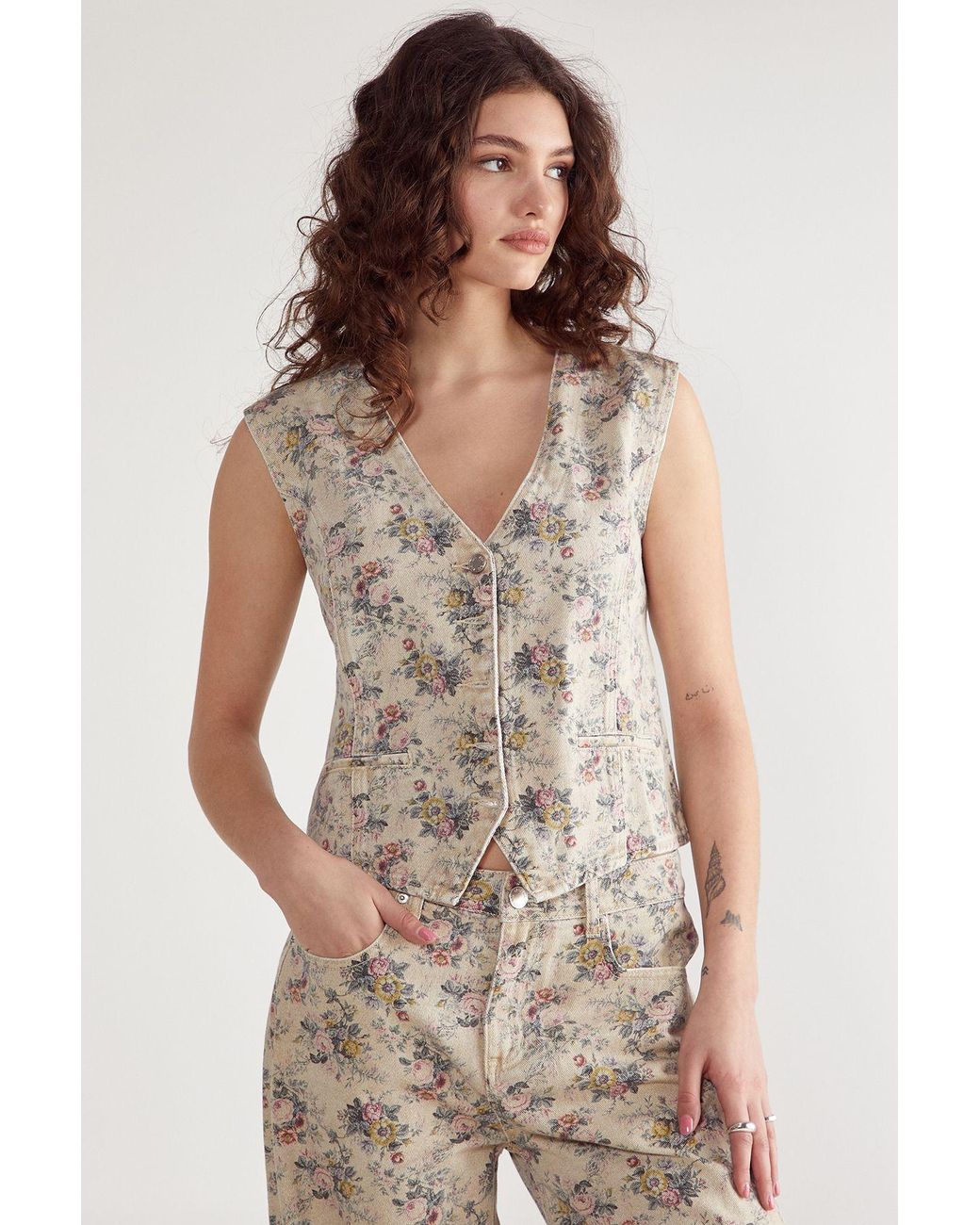 Nasty Gal Natural Floral Printed Denim Waistcoat