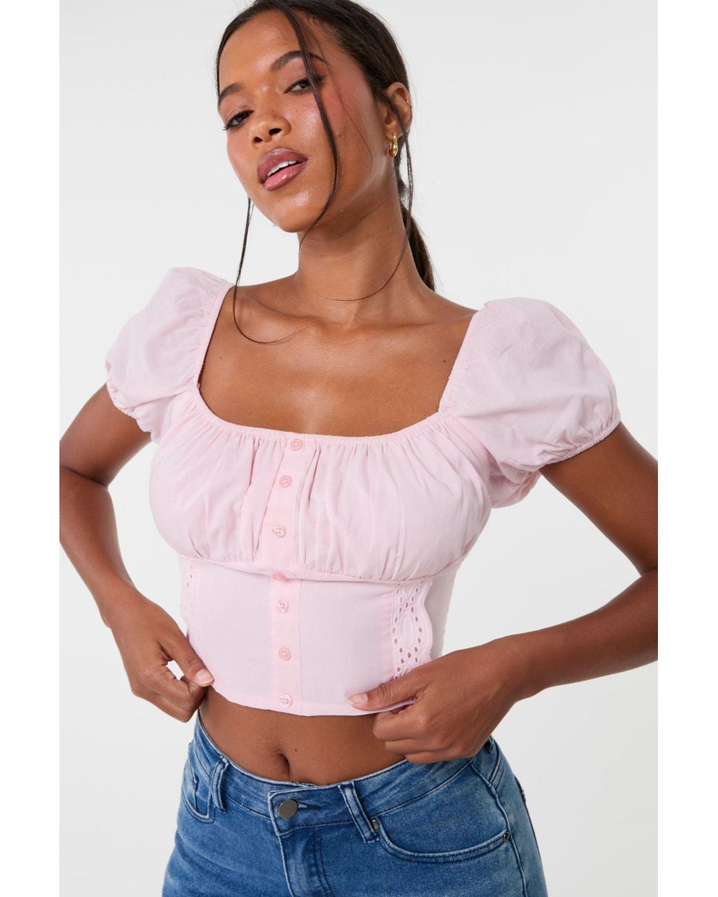 Pink Vanilla Blue Puff Sleeve Broderie Detail Top