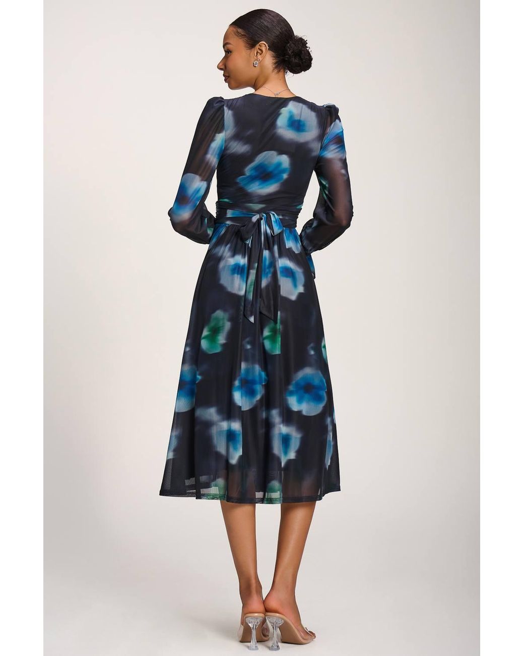 Jolie Moi Blue Long Sleeve Printed Mesh Midi Dress
