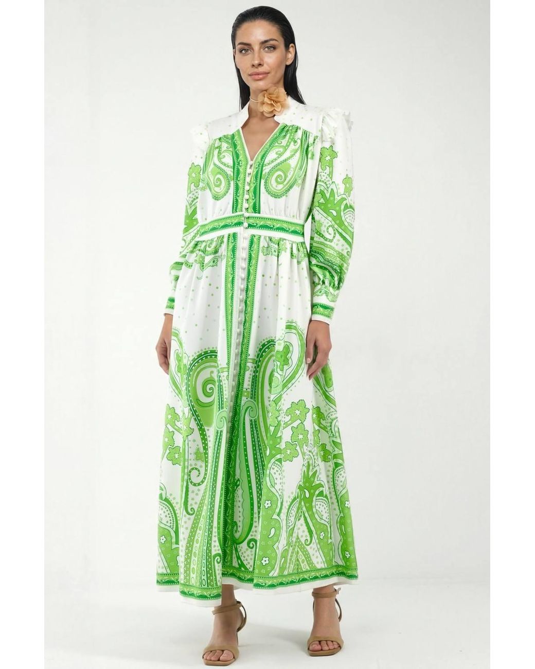 Msn-Collection Green V-Neck Paisley Maxi Dress With Slit