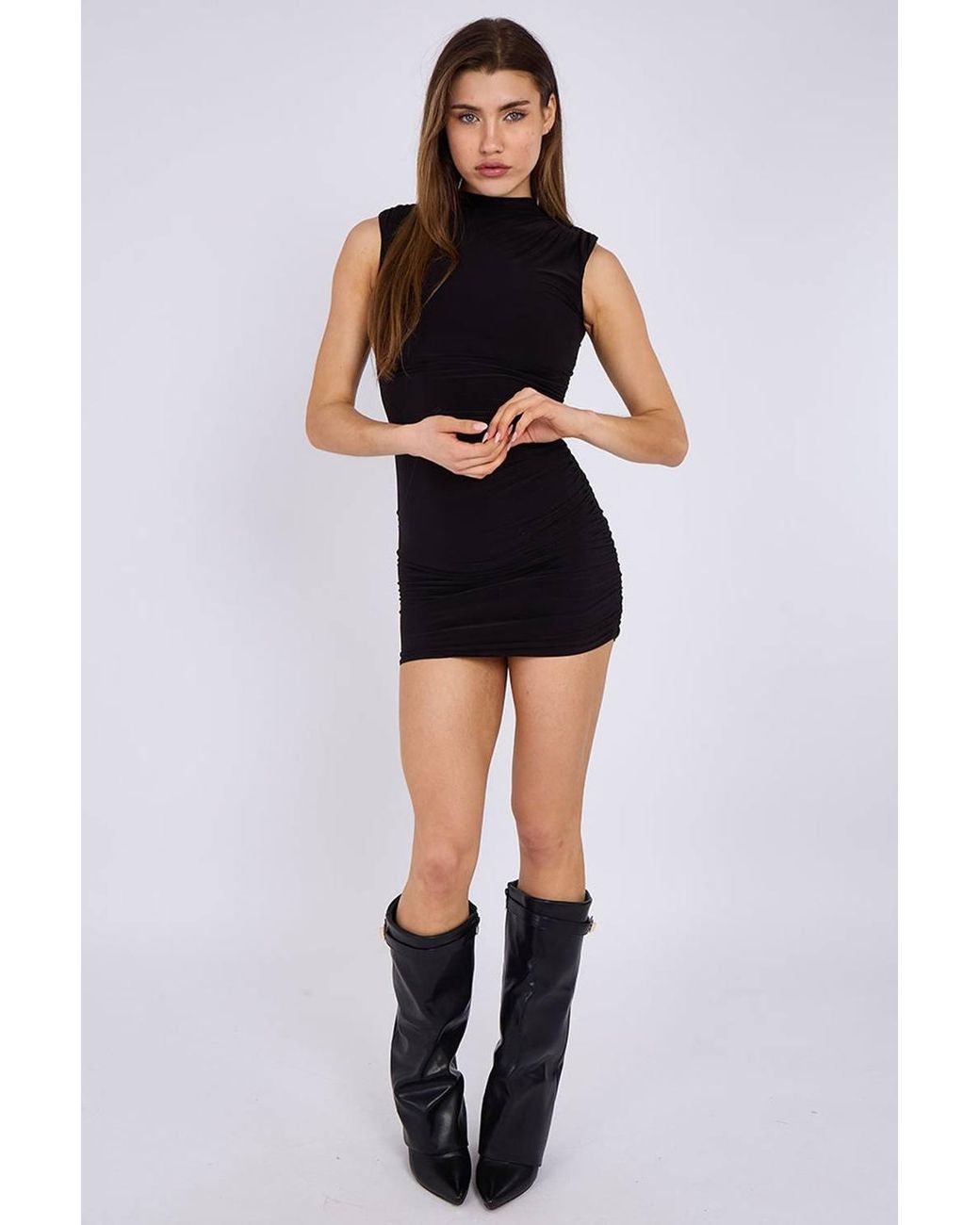 Stylewise Black Slinky Padded Shoulder Ruched High Neck Bodycon Mini Dress