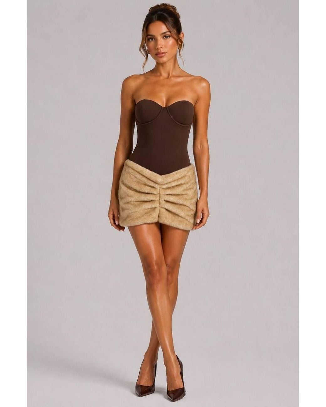 Stylewise Brown Faux Fur Ruched Mini Skirt