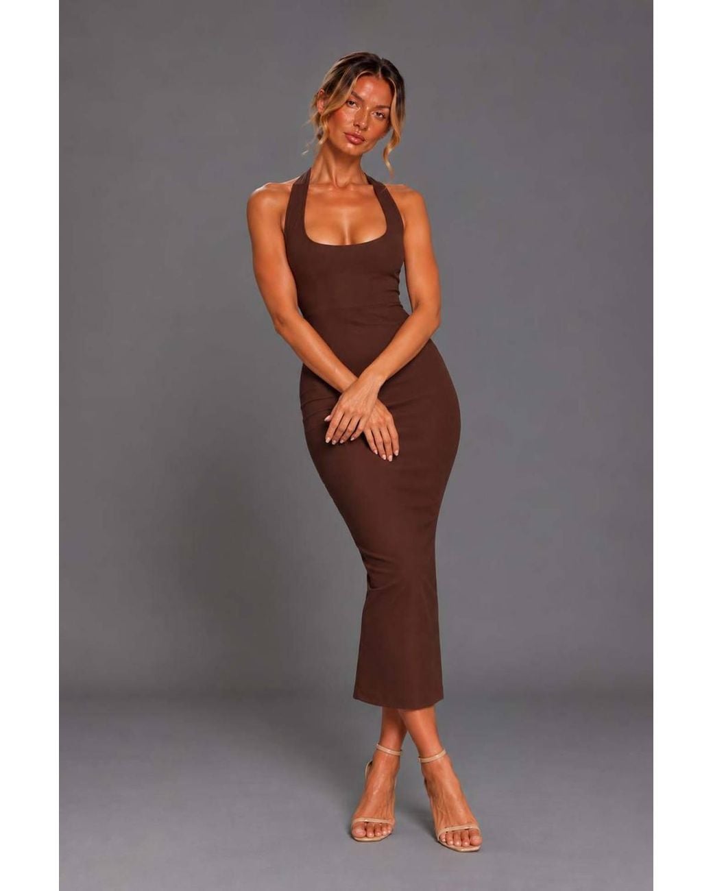 Vesper Gray Scoop Neck Halterneck Bodycon Midaxi Dress