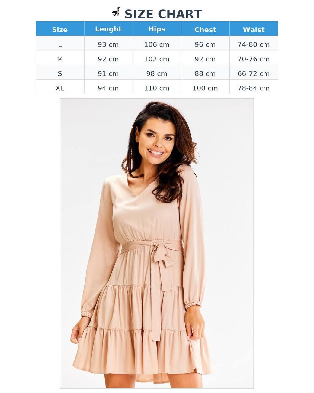 Love Lace Natural Long Sleeve Ruffle Flared Dress Elastic Waist Belt