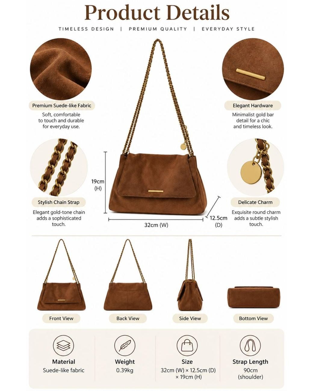 Lovii Brown Vintage-Inspired Suede Shoulder Bag With-Tone Chain