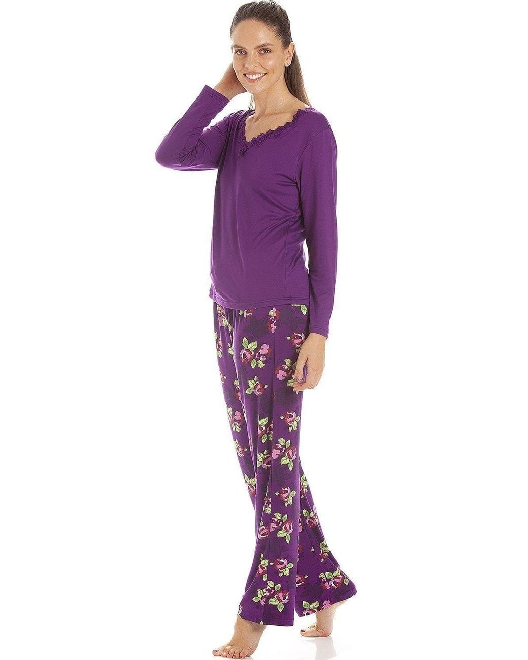 CAMILLE Purple Lightweight Floral Print Spandex Pyjama Set