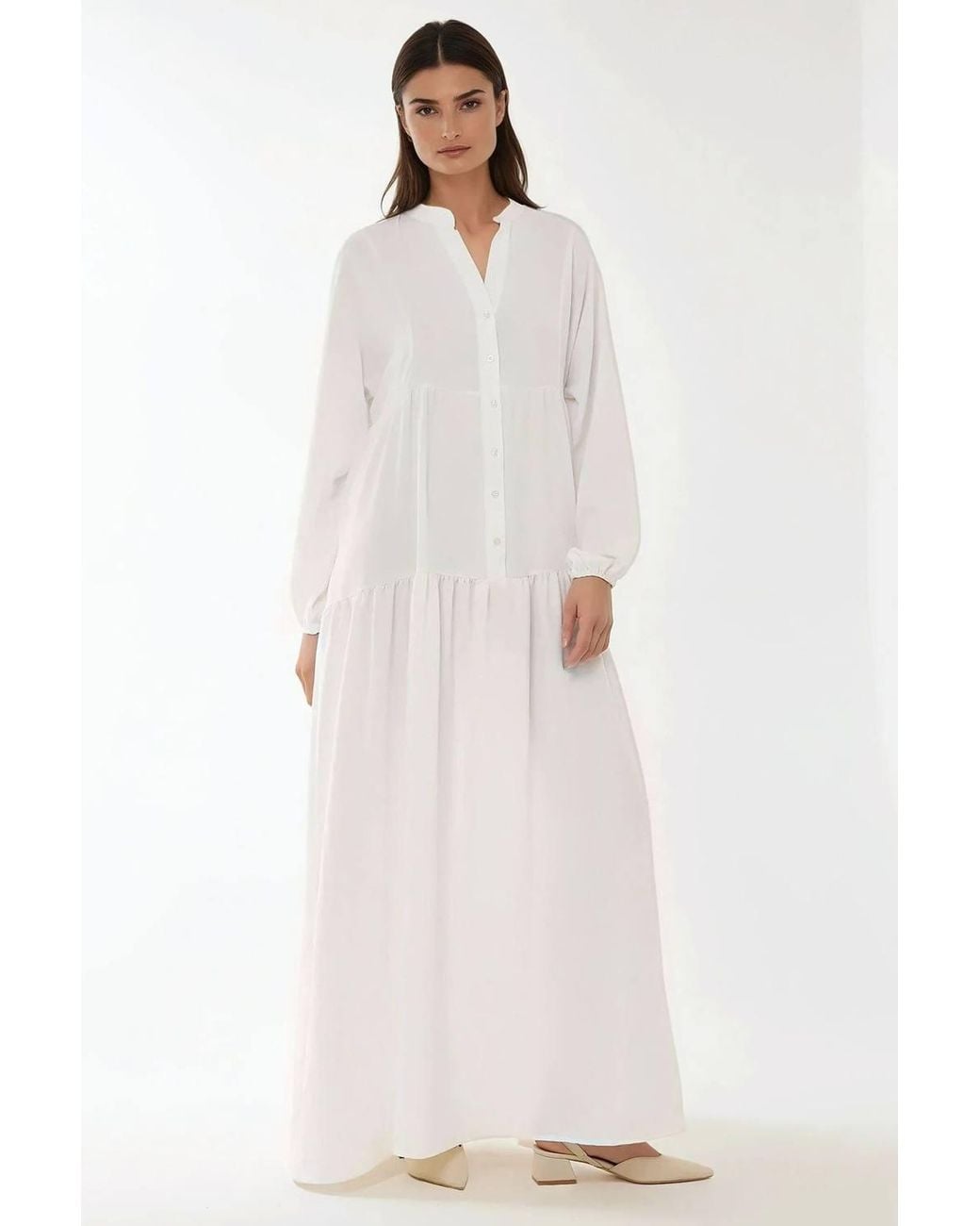 Hiccup White Textured V-Neck Maxi Dress With Button Detail