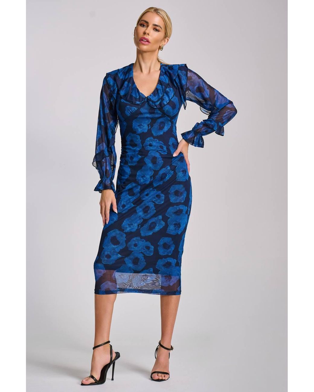 Jolie Moi Blue Long Sleeve Ruffle Detail Mesh Bodycon Dress