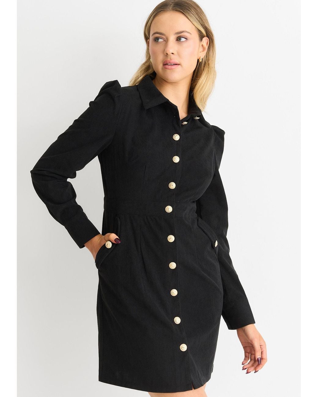 Gini London Black Corduroy Mini Shirt Dress